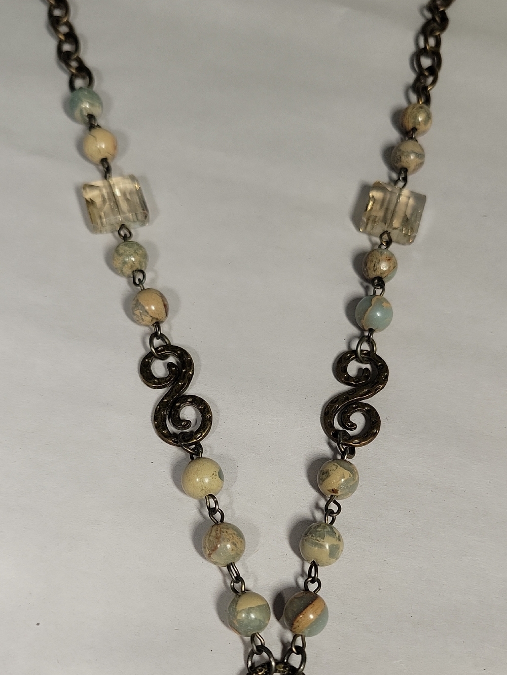 Carol Su Boho Blue Cream and Brown Oval Stone Tassel Necklace - Picture 6 of 15